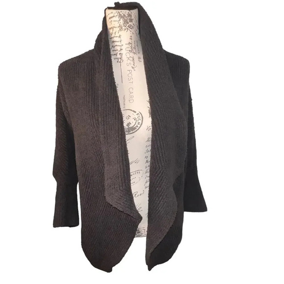 Barefoot Dreams cozy chic S/M gray ribbed pocketed 3/4 puff cardigan sweater - Picture 1 of 11